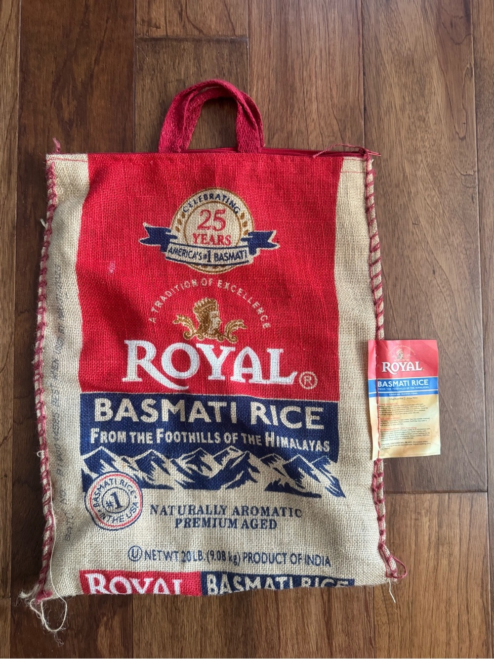 Basmati Rice Burlap Sack Tote in Red and Natural 18” X 15” Farmer’s Market